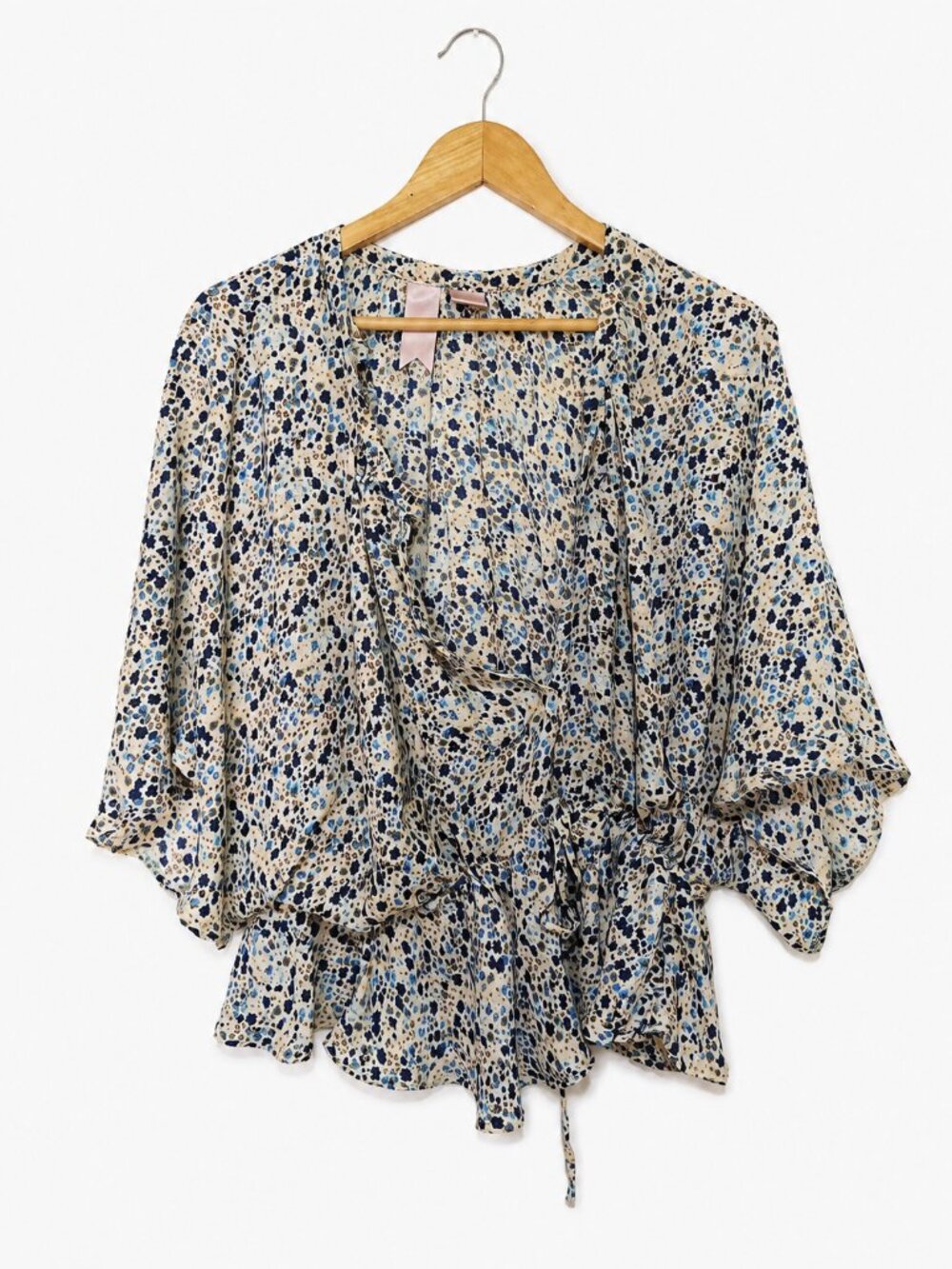 Women’s Blue Floral Wrap Blouse Ruffle Hem Bell Sleeve Top - Picture 2 of 5